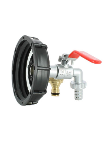 Raccord S100X8 pour cuve eau 1000 litres avec robinet laiton chromé 15 mm et nez de robinet 20x27 mm en laiton
