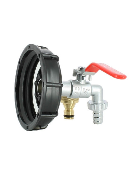 Raccord S100X8 pour cuve eau 1000 litres avec robinet laiton chromé 15 mm et nez de robinet 20x27 mm en laiton Raccord S100X8 pour cuve eau 1000 litres avec robinet laiton chromé 15 mm et nez de robinet 20x27 mm en laiton