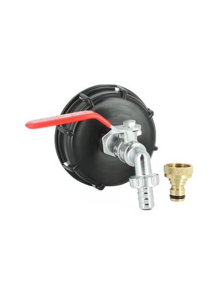 Raccord S100X8 pour cuve eau 1000 litres avec robinet laiton chromé 15 mm et nez de robinet 20x27 mm en laiton Raccord S100X8 pour cuve eau 1000 litres avec robinet laiton chromé 15 mm et nez de robinet 20x27 mm en laiton