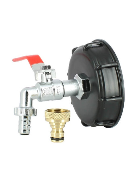Raccord S100X8 pour cuve eau 1000 litres avec robinet laiton chromé 15 mm et nez de robinet 20x27 mm en laiton Raccord S100X8 pour cuve eau 1000 litres avec robinet laiton chromé 15 mm et nez de robinet 20x27 mm en laiton