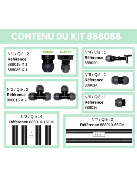 Contenu du Kit de Raccordement pour 2 Cuves à eau 1000 litres - S60X6 / S100X8 Contenu du Kit de Raccordement pour 2 Cuves à eau 1000 litres - S60X6 / S100X8
