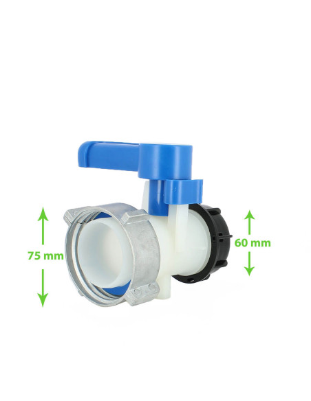 Vanne cuve - écrou S75X6 et sortie S60X6 - compatible Schütz Vanne cuve - écrou S75X6 et sortie S60X6 - compatible Schütz