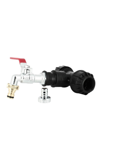 Kit couplage cuve - Raccord Té Ø32 mm + Robinet laiton chromé central + Nez 20/27 (type Gardena)