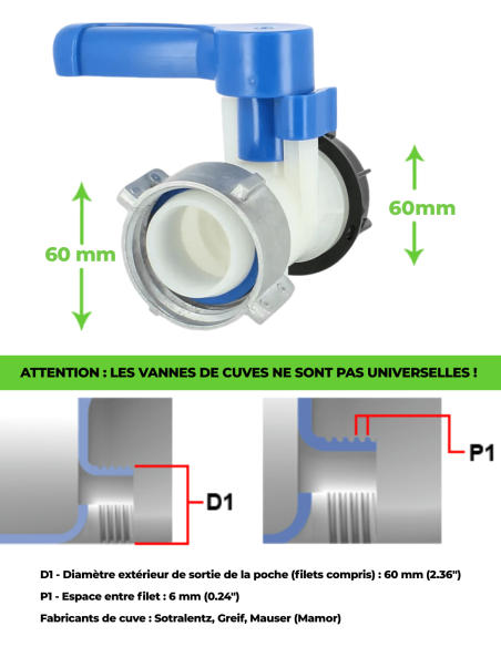 Vanne papillon 2" - écrou S60X6 et sortie S60X6 - correspondance Sotralentz