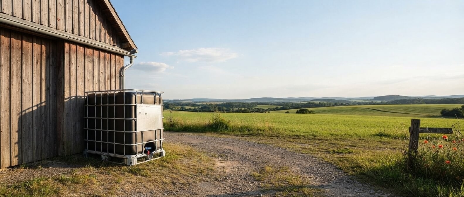 Cuve IBC de récupération d'eau de pluie installée devant une grange en pleine campagne