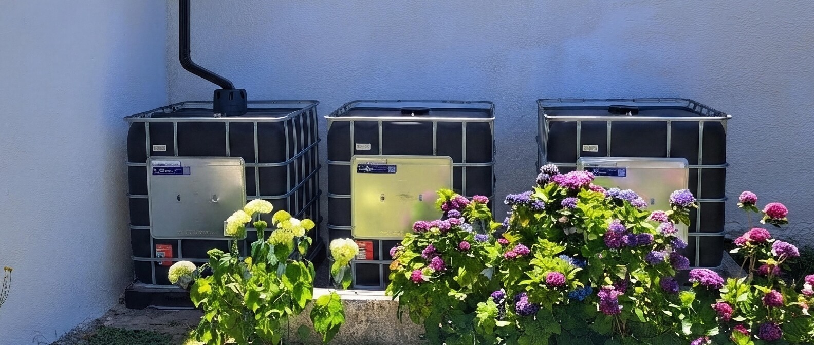 Trois cuves IBC anti-UV installées et connectées entre elles avec le kit de raccordement, reliées à une descente de gouttière