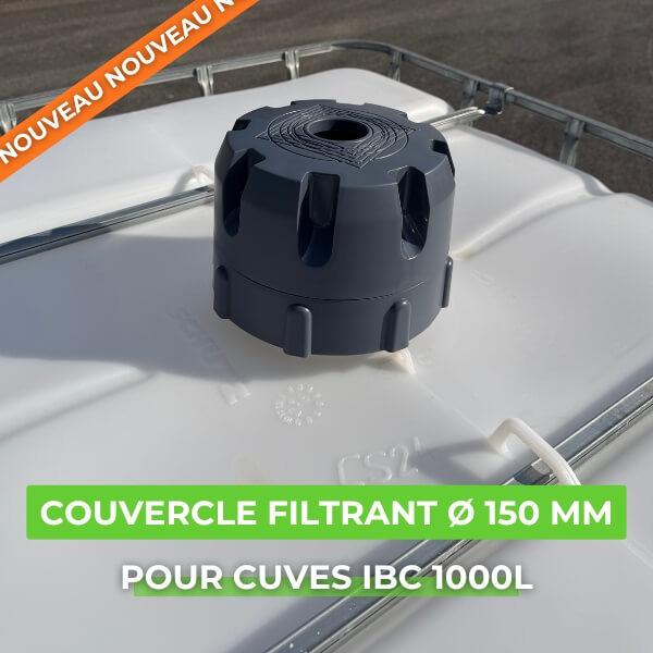 Couvercle-collecteur d'eau filtrant pour cuves de récu^ération d'eau d epluie type IBC de 1000 litres. Adpaté au cuves avec une col au diamètre 150 mm.
