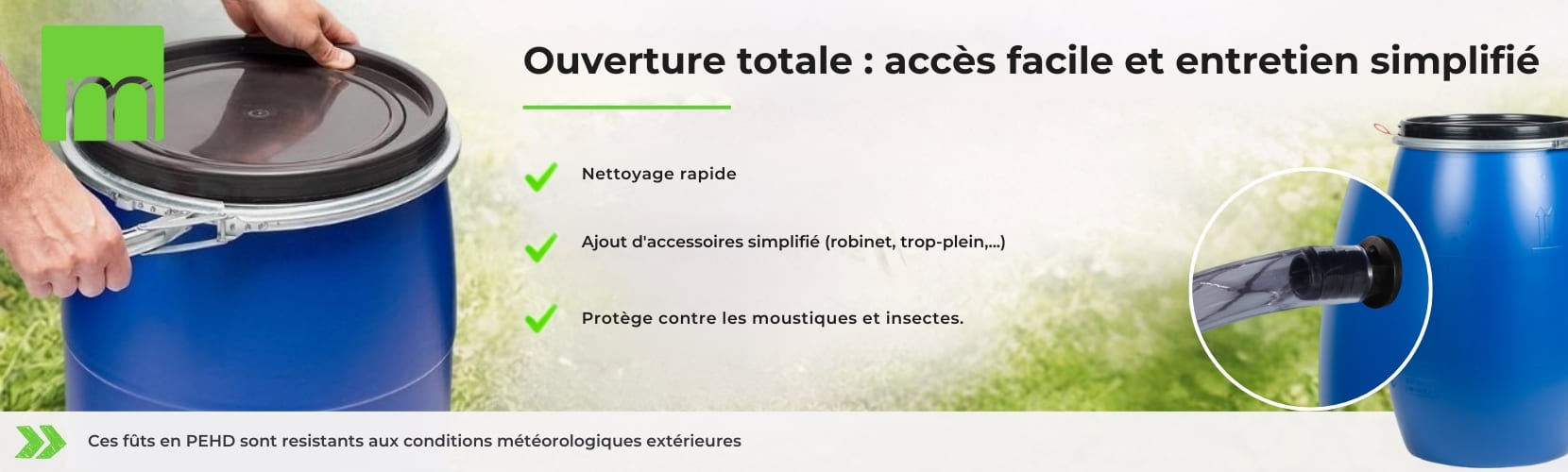 Ouverture totale d'un f&ucirc;t de r&eacute;cup&eacute;ration d'eau de 220 litres